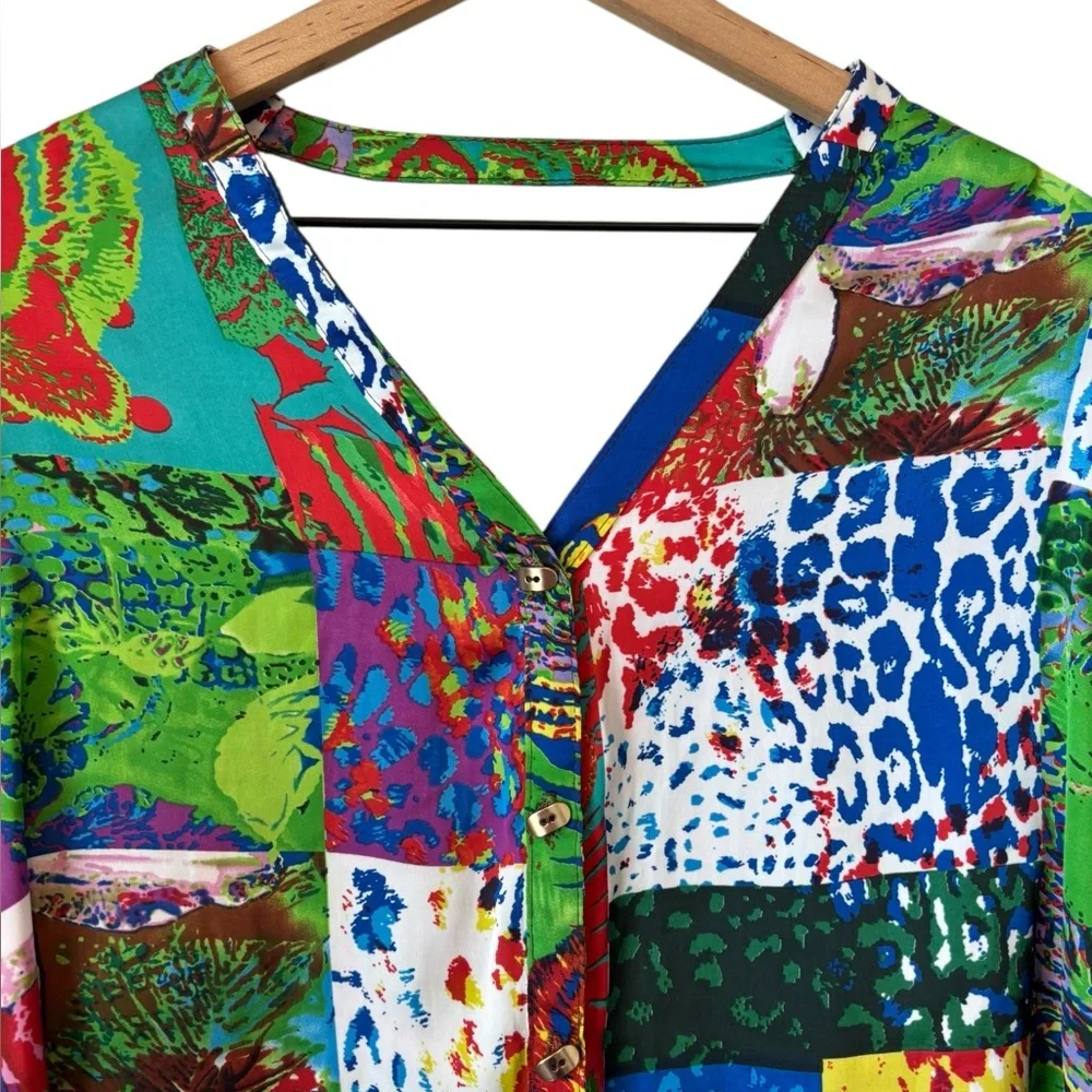 Alberto Makali Colorful Animal Print Patch Blouse Sz M Ruffle Back - Picture 4 of 10